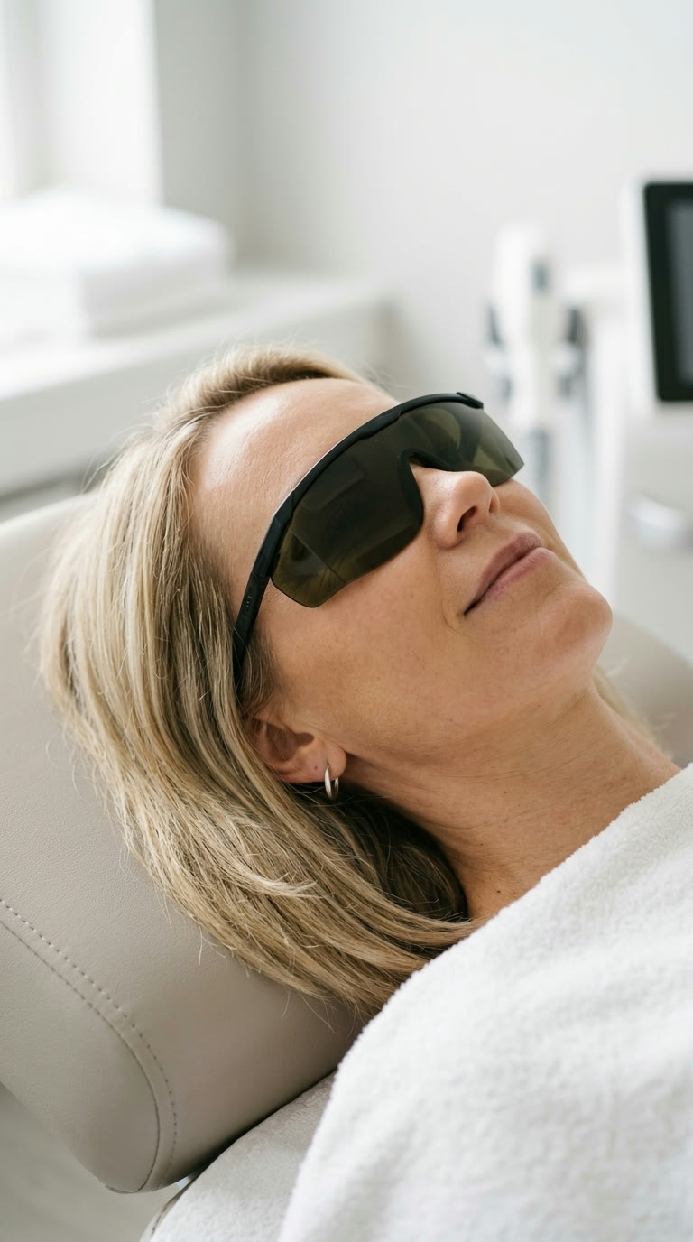 Kund med skyddsglasögon under laser hårborttagning